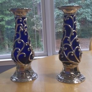 RARE VINTAGE BLUE GLASS SILVER CANDLE HOLDER